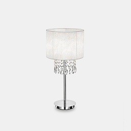 настольная лампа с тканевым абажуром и хрустальными элементами на хромированной ножке