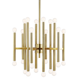подвесная люстра с многими цилиндрическими металлическими модулями и сферическими наконечниками